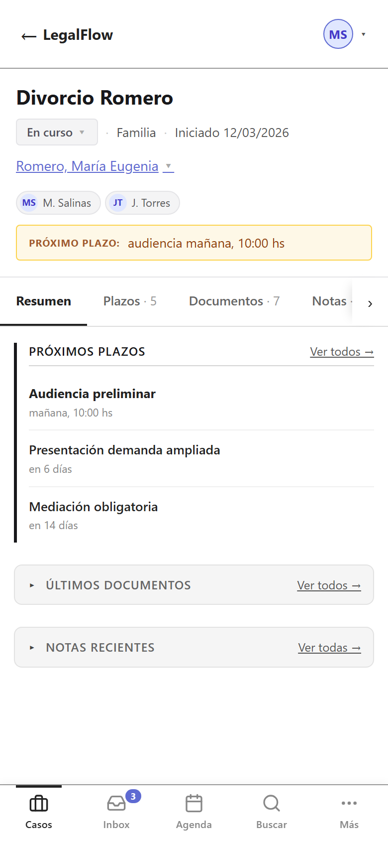 El caso en LegalFlow, desde el celular