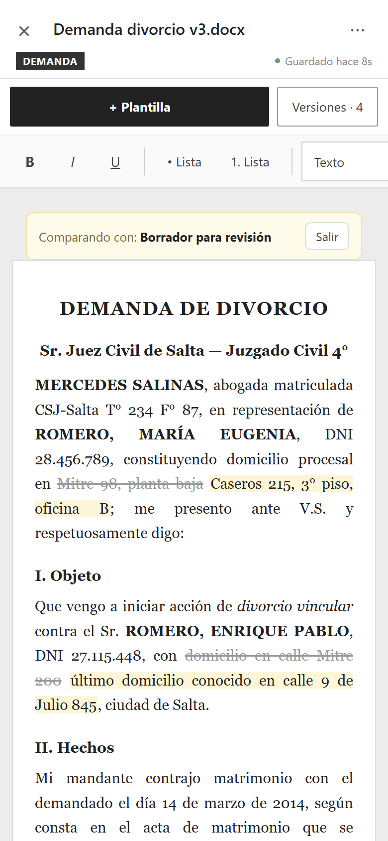 El editor de escritos en LegalFlow, desde el celular