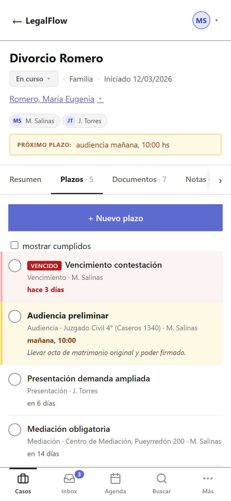 Los plazos en LegalFlow, desde el celular